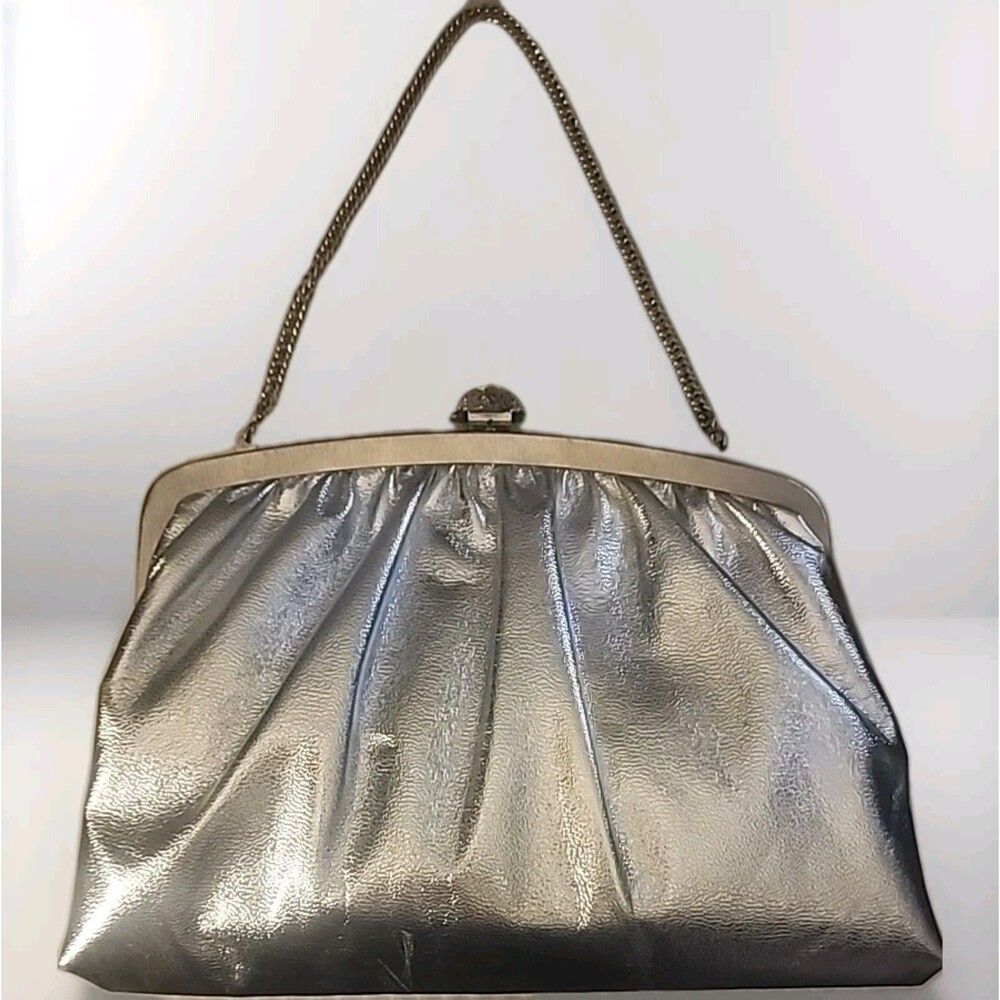 VTG Harry Levine HL Cocktail Clutch Silver Lamé Metallic Chain